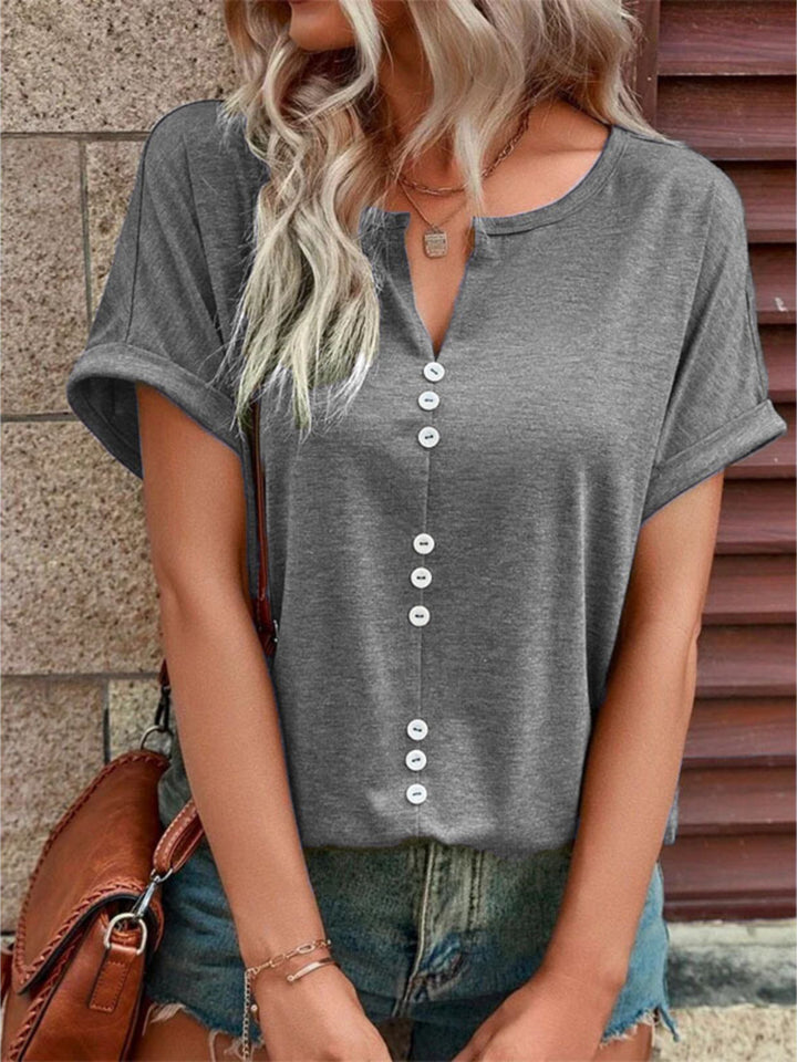 Decorative button-front notch neck short sleeve tee