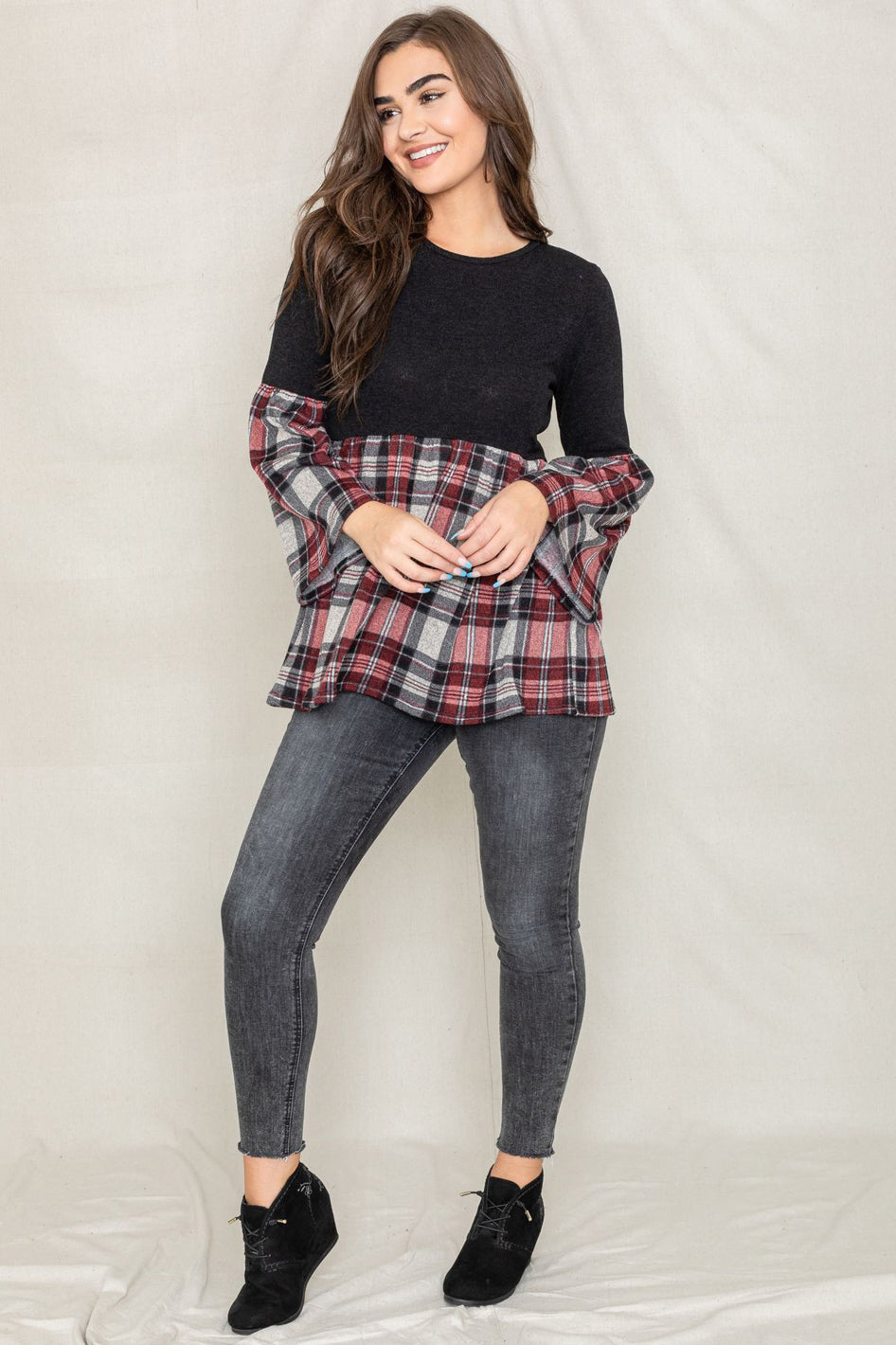 Ashford Bell Sleeve Plaid Contrast Tunic Top