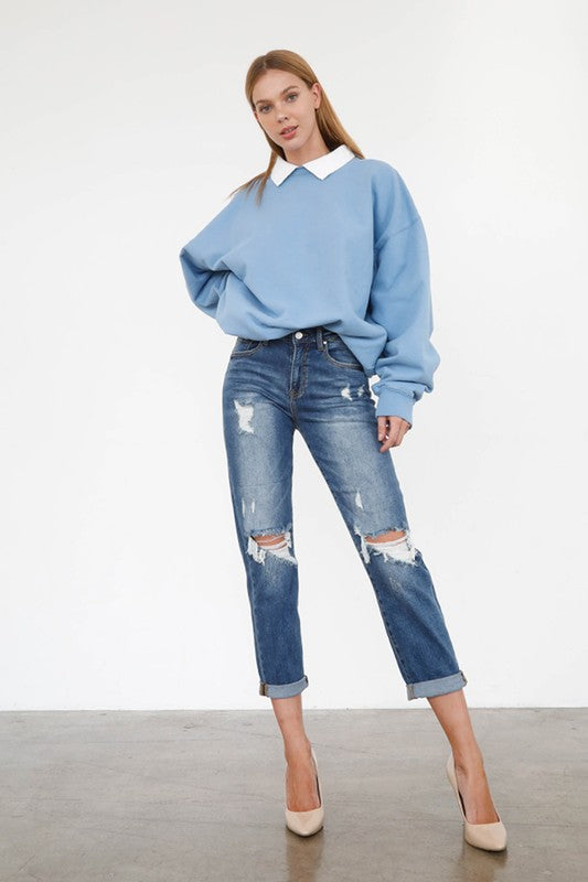 Mid Rise Knee Destroyed Girlfriend Jeans