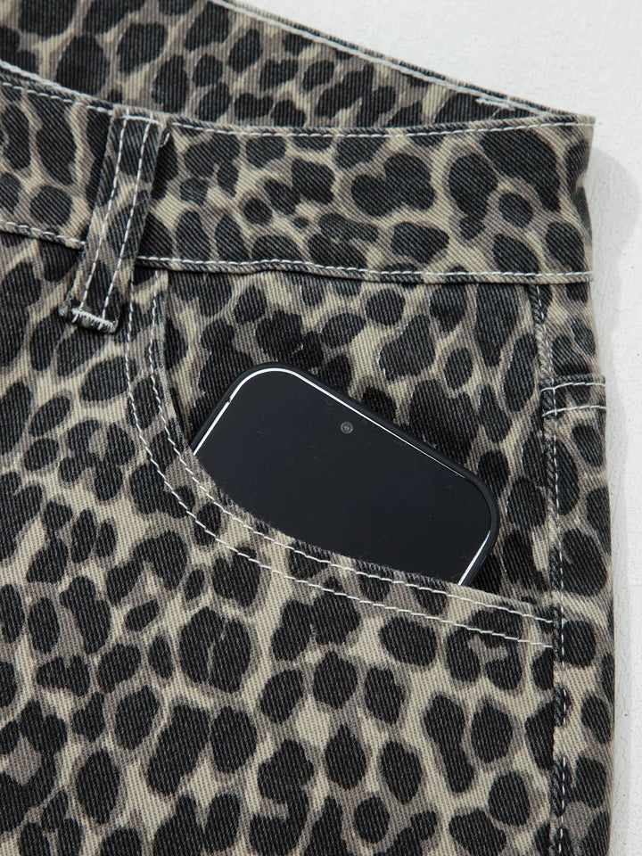 Leopard print high-rise barrel-leg jeans with pockets