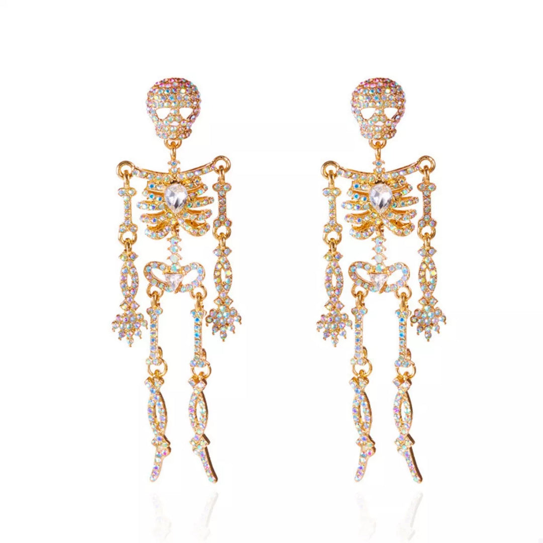 Articulated rhinestone skeleton drop earrings