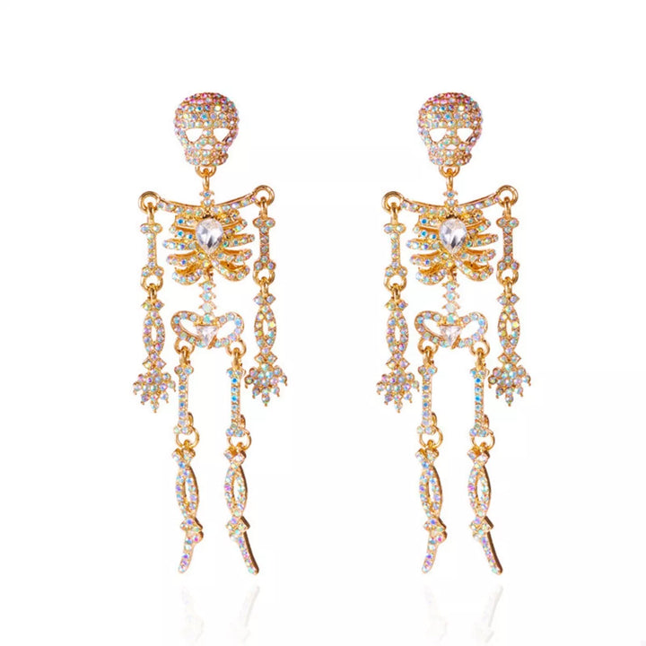 Articulated rhinestone skeleton drop earrings