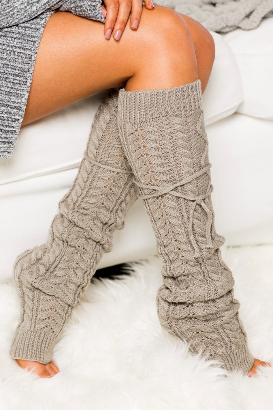 Cable Knit Long Tie Leg Warmer - Azoroh
