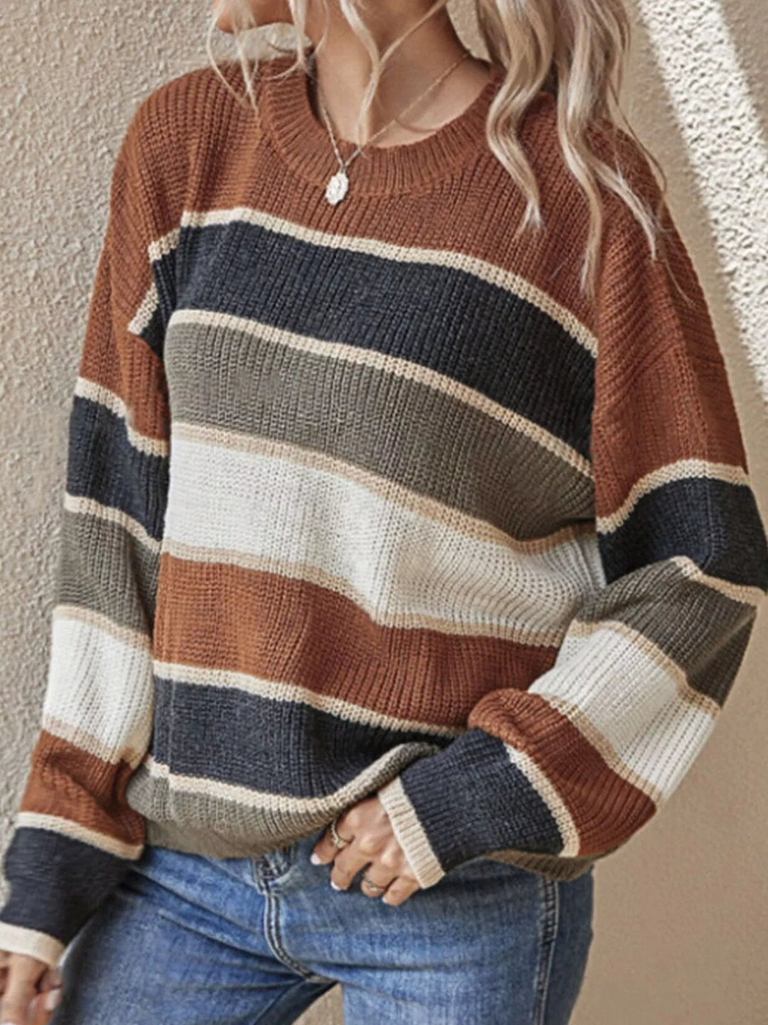 Dark Brown Color block striped crew neck knit sweater