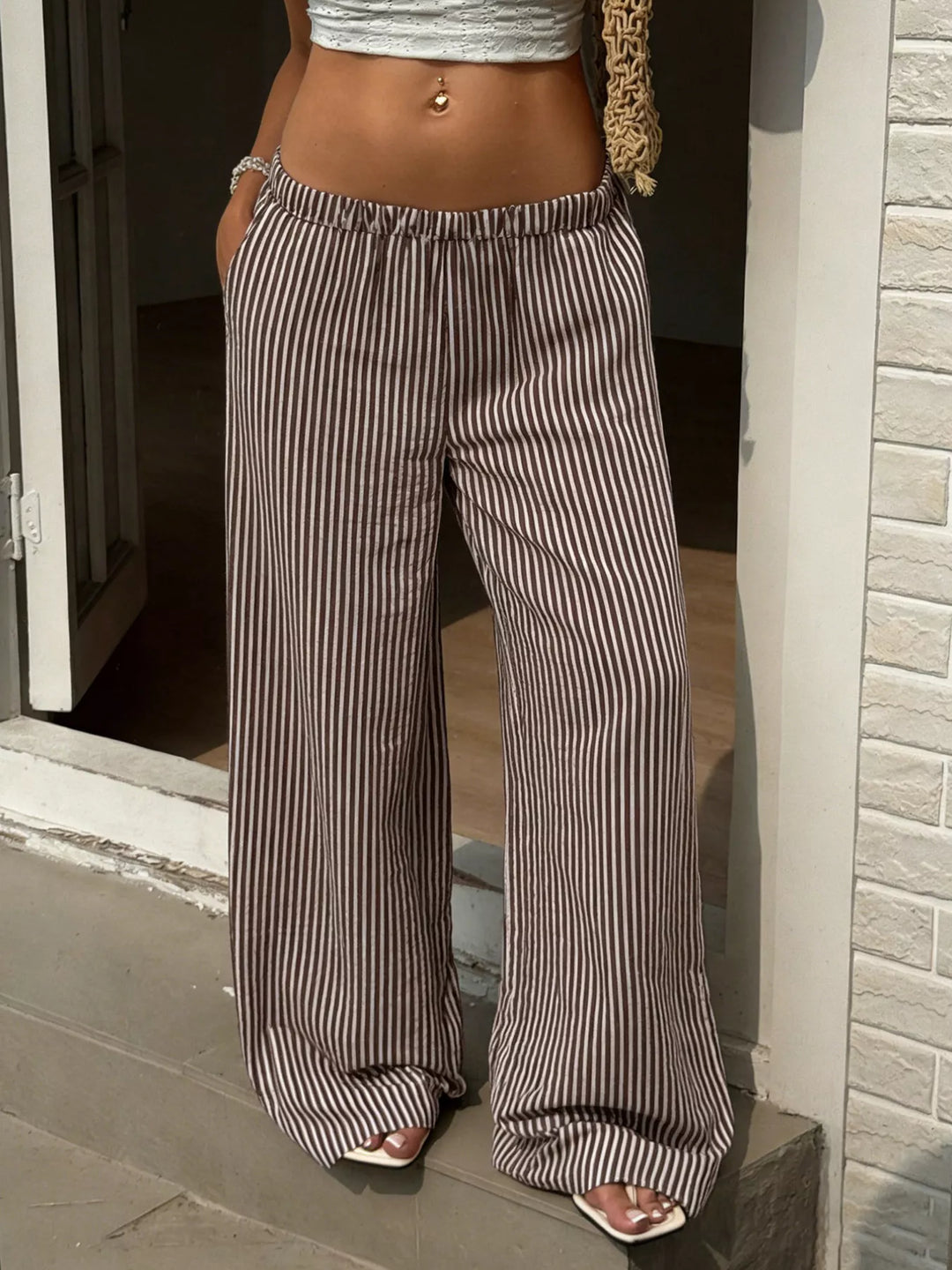 Striped wide-leg pants with drawstring tie waist