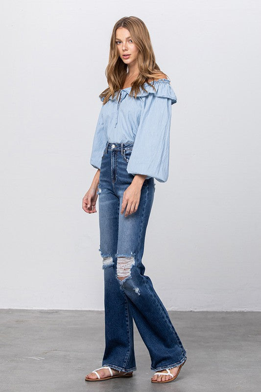 HIGH RISE FRAYED HEM FLARE JEANS