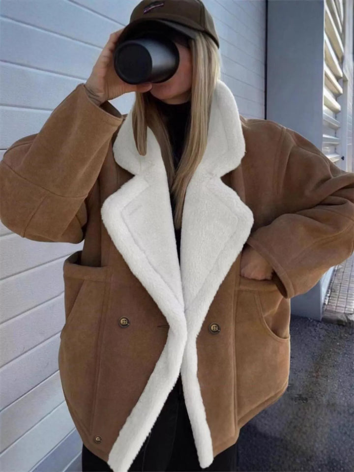 Brown Sherpa-lapel double-breasted drop shoulder fleece coat