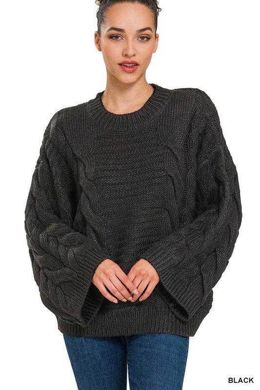 Oversized Bell Sleeve Cable Knit Sweater - Azoroh