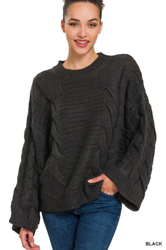 Oversized Bell Sleeve Cable Knit Sweater - Azoroh