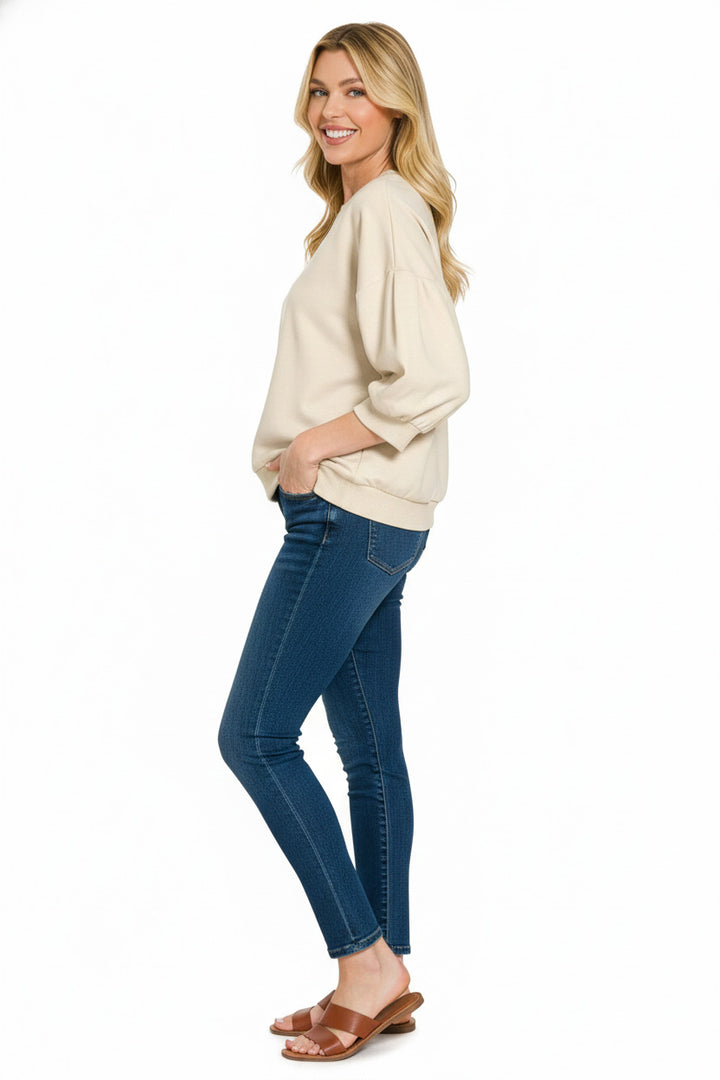 Dolman sleeve scuba sweatshirt with ribbed crew neck