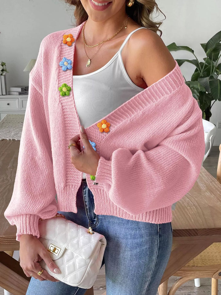 Floral applique open front knit cardigan with ribbed trim
