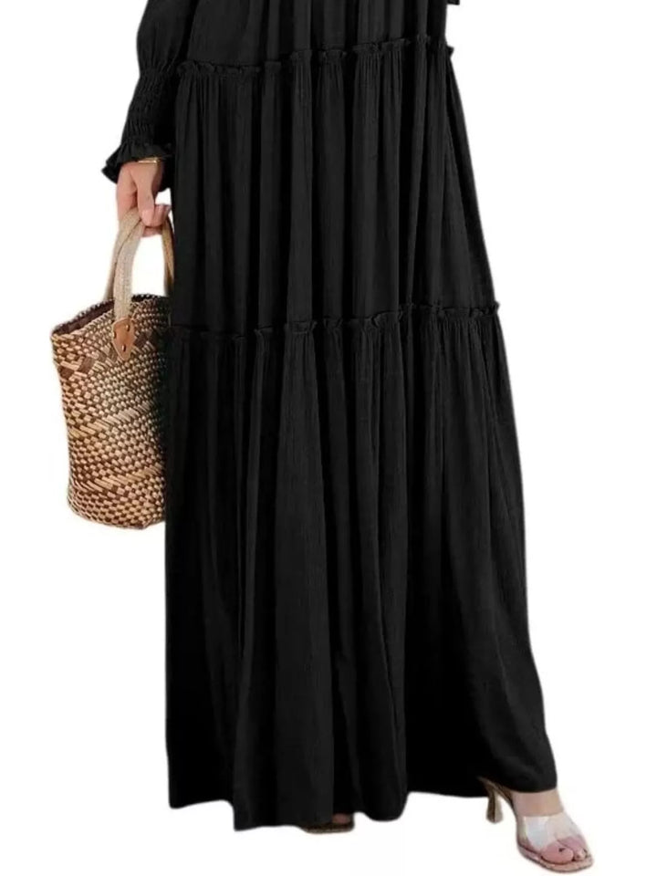 Smocked v-neck tiered maxi dress with long sleeves