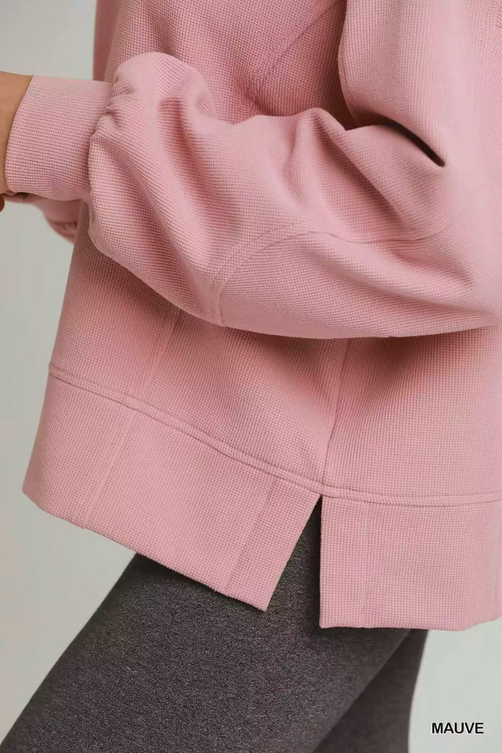 Polo collar brushed waffle pullover sweatshirt