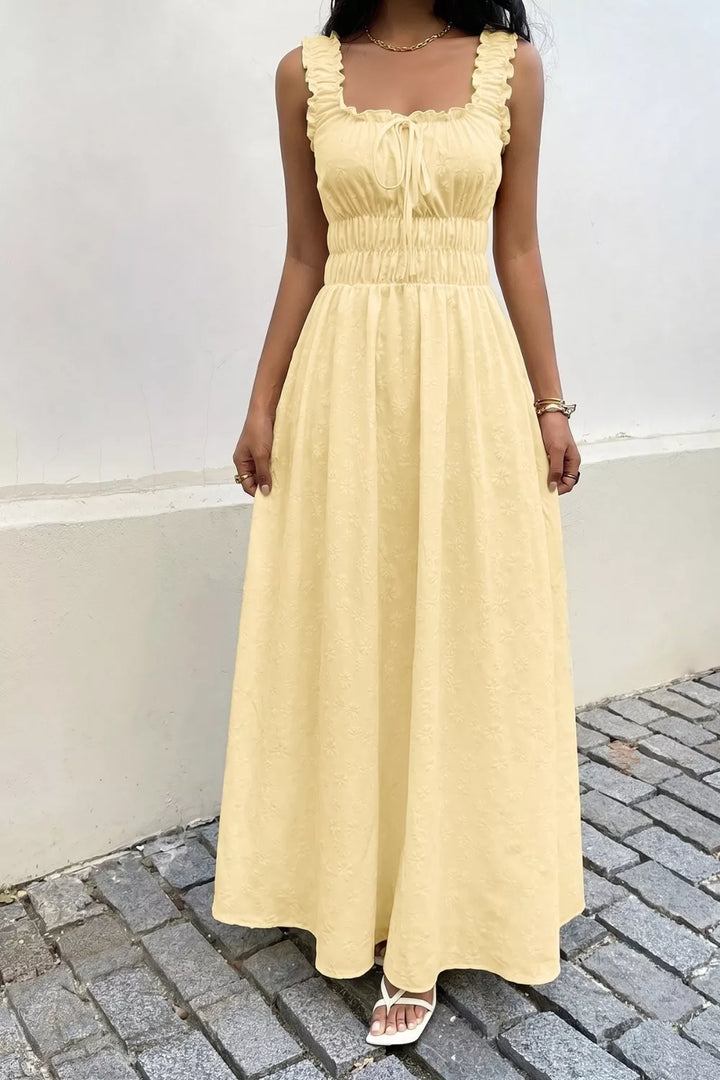 Pastel Yellow Square-neck smocked-waist maxi dress with ruffle straps