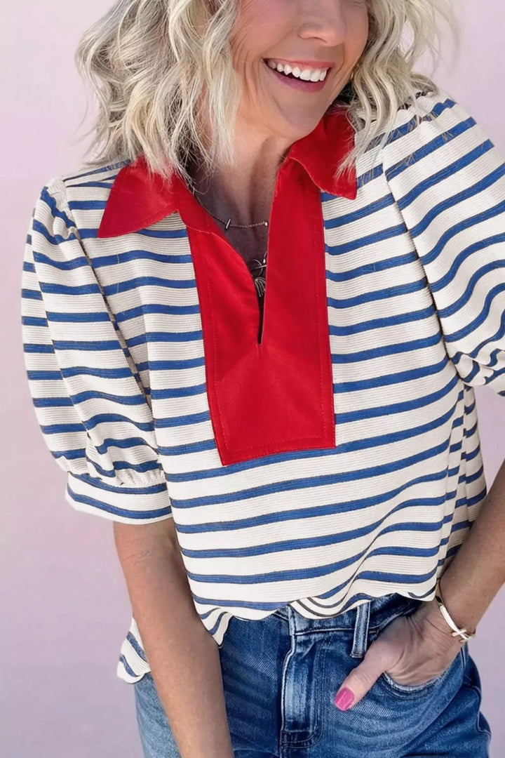Scarlet Striped polo top with contrast collar and scalloped hem