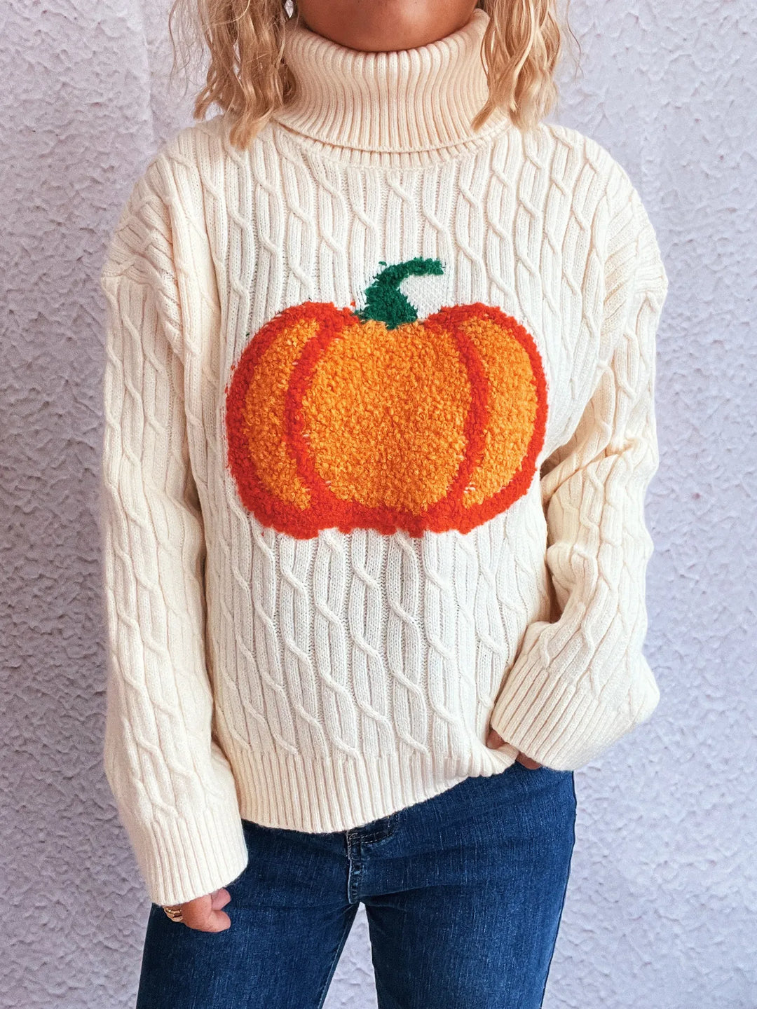 White Pumpkin applique cable knit turtleneck sweater