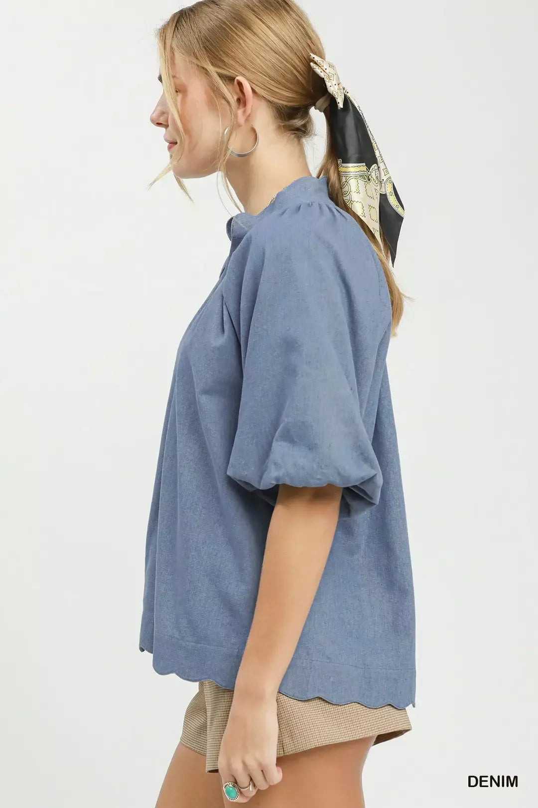 Chambray puff sleeve boxy top with scalloped hem