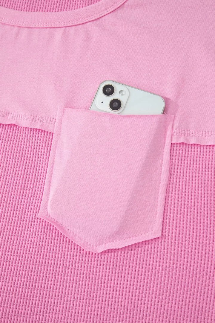 Waffle knit patchwork raw seam pocket tee