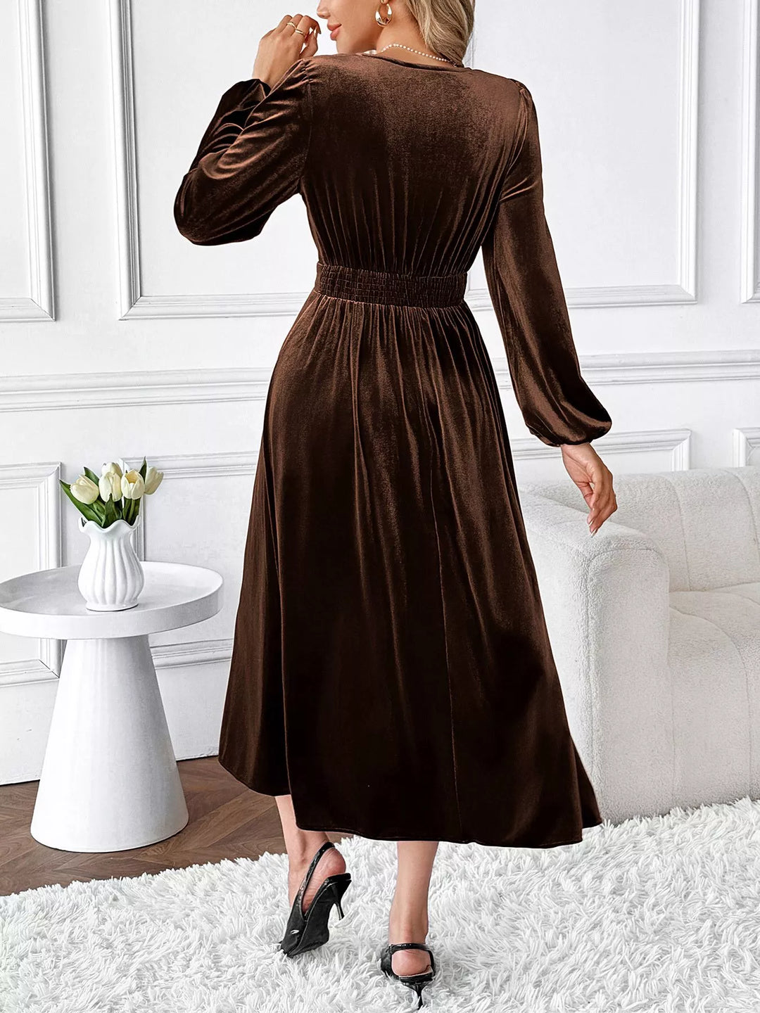 Lace trim velvet midi dress with long puff sleeves