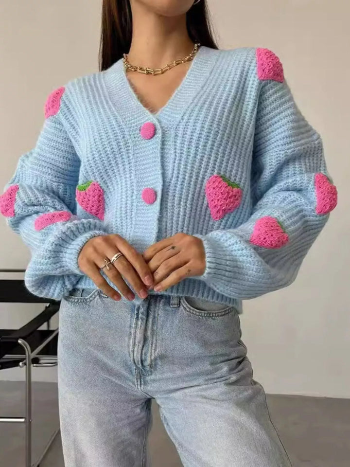 Light Blue Strawberry applique chunky knit button-down cardigan