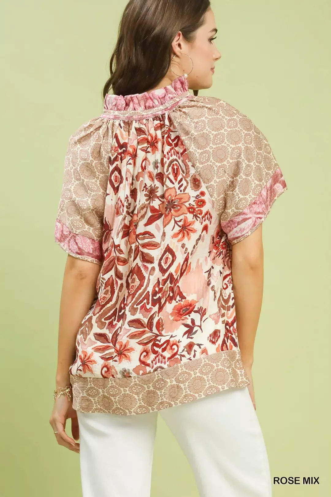 Mixed print patchwork short sleeve blouse with split V-neck