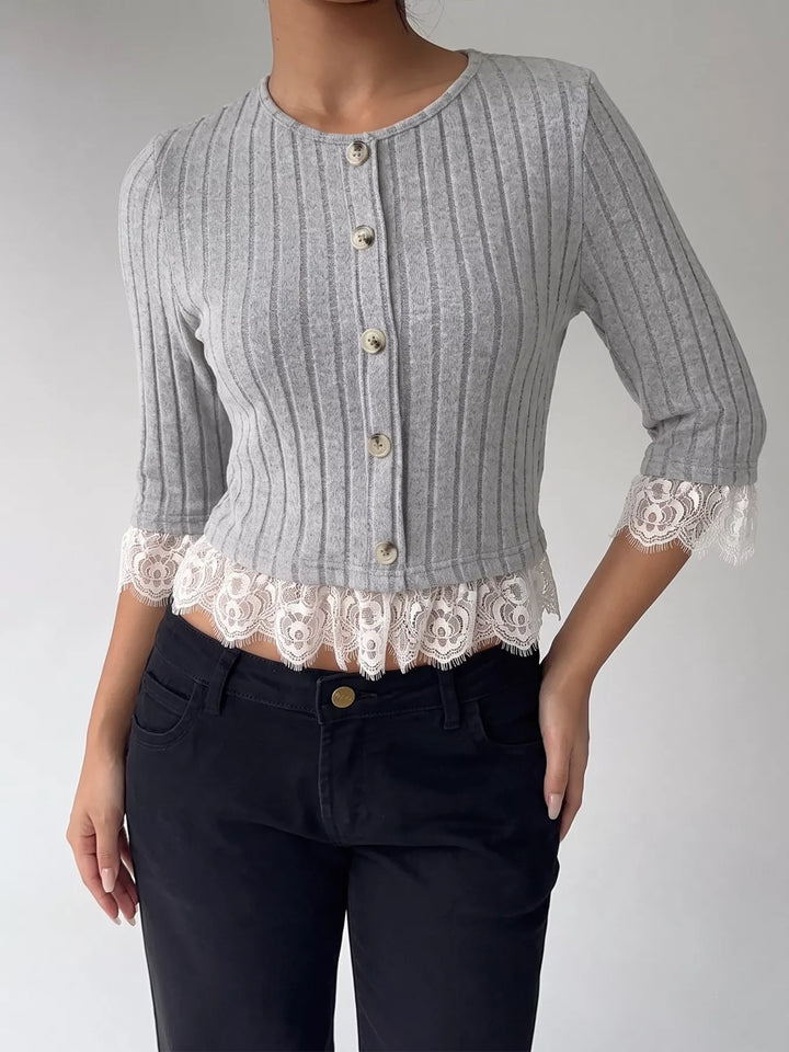 Scalloped lace trim ribbed knit button-down top