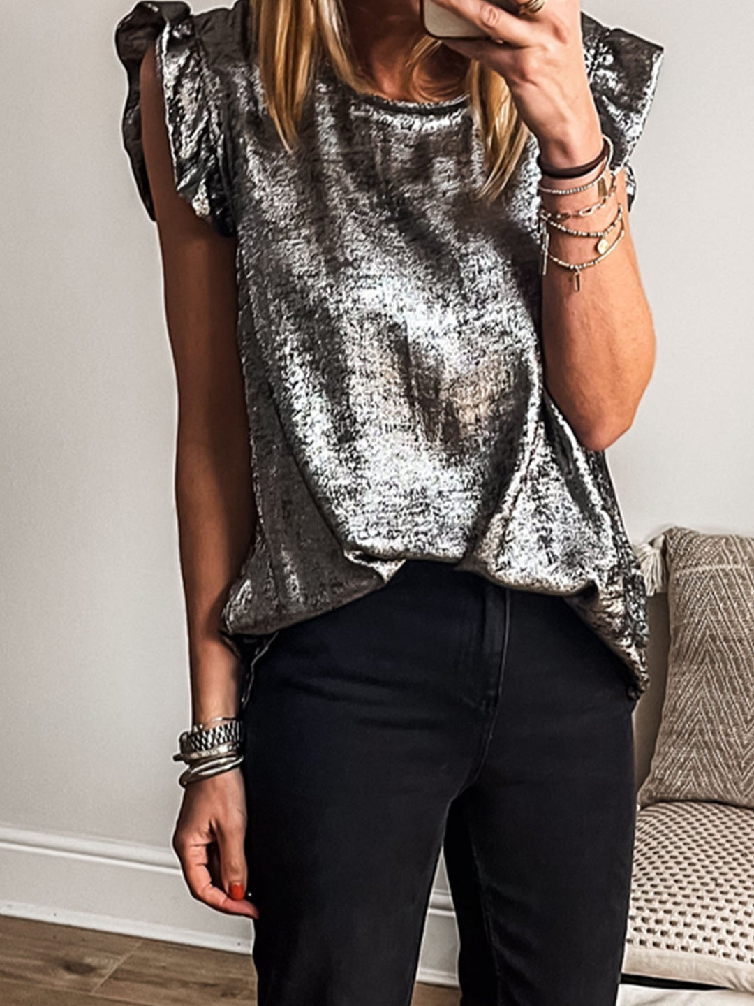 Silver Metallic ruffle cap sleeve round neck top