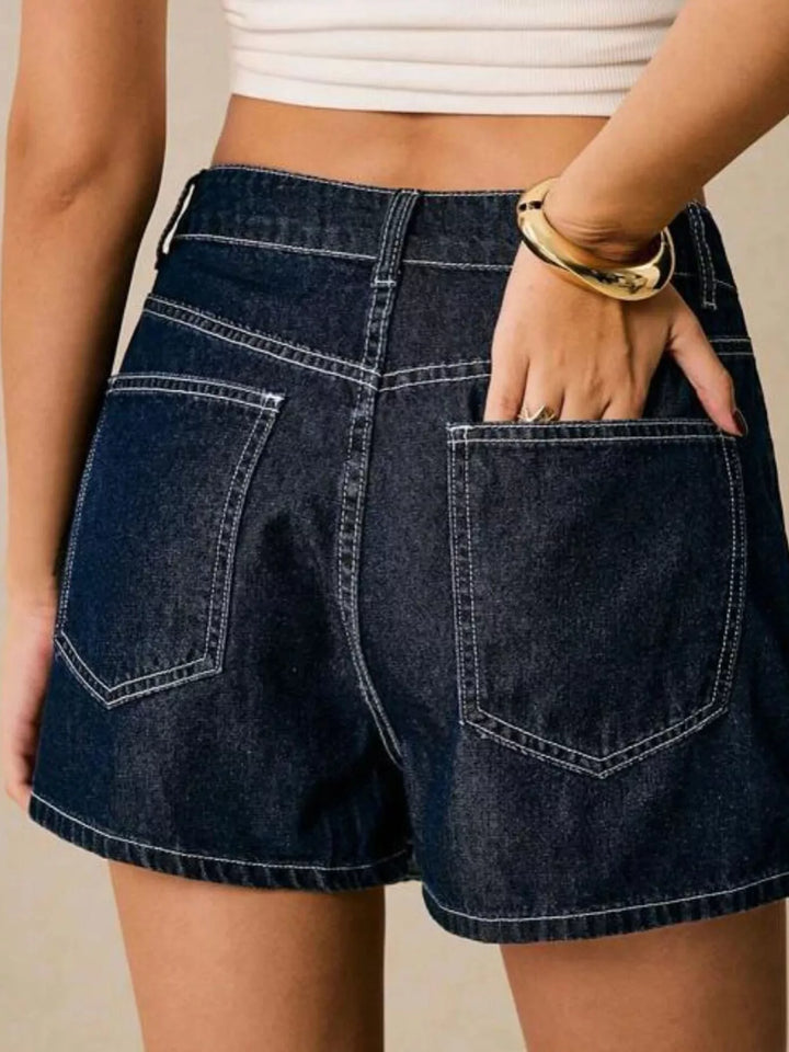 Contrast-stitch denim button-up crop shirt and skort set