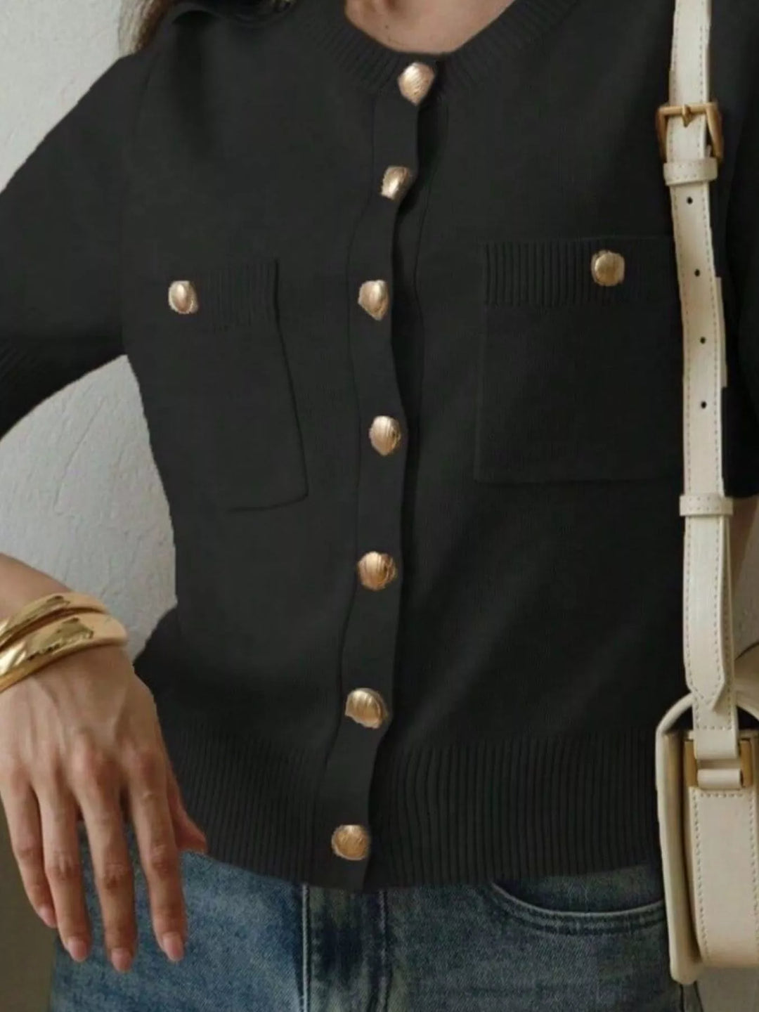 Short sleeve knit button-down cardigan with gold buttons