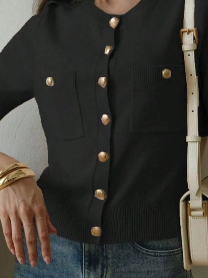 Short sleeve knit button-down cardigan with gold buttons
