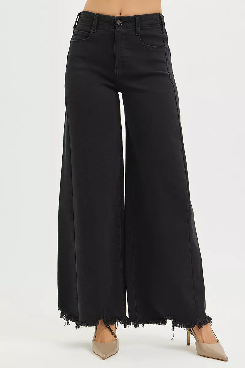 BLACK Tummy control high-rise palazzo wide-leg jeans with raw hem