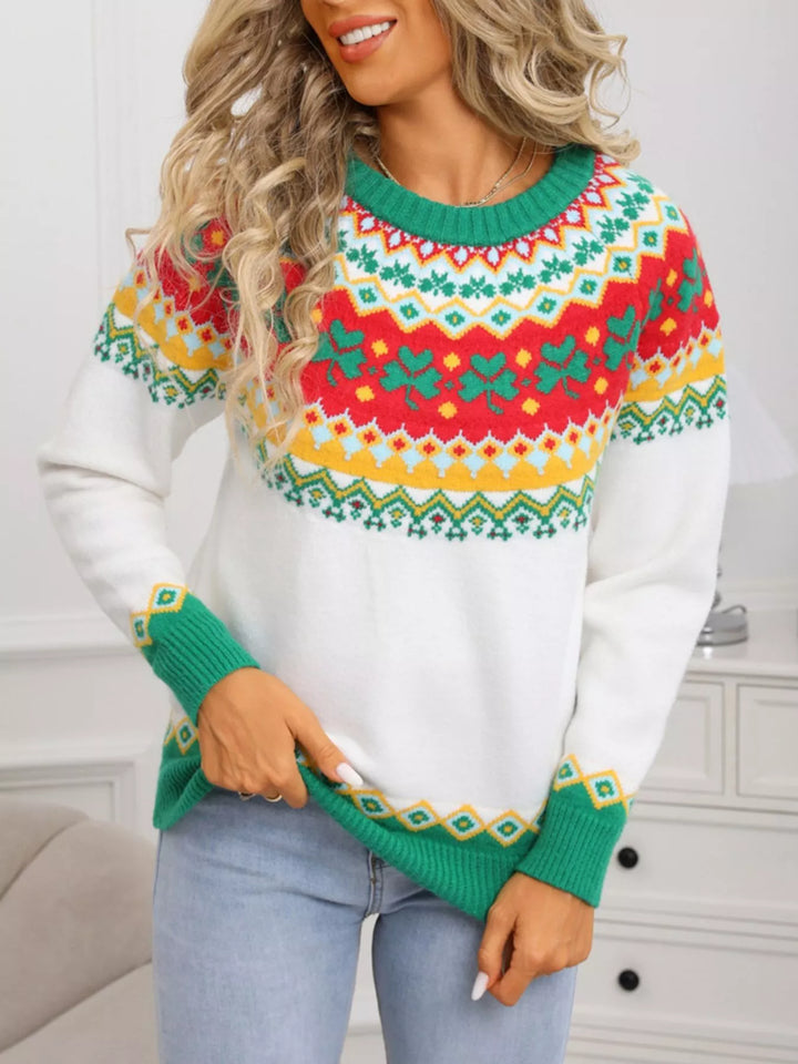 White Clover pattern Fair Isle round neck knit sweater