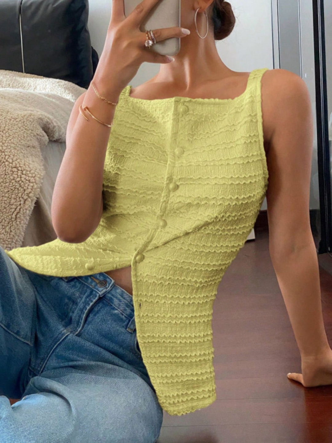 Textured button-front tank with square neck and split hem