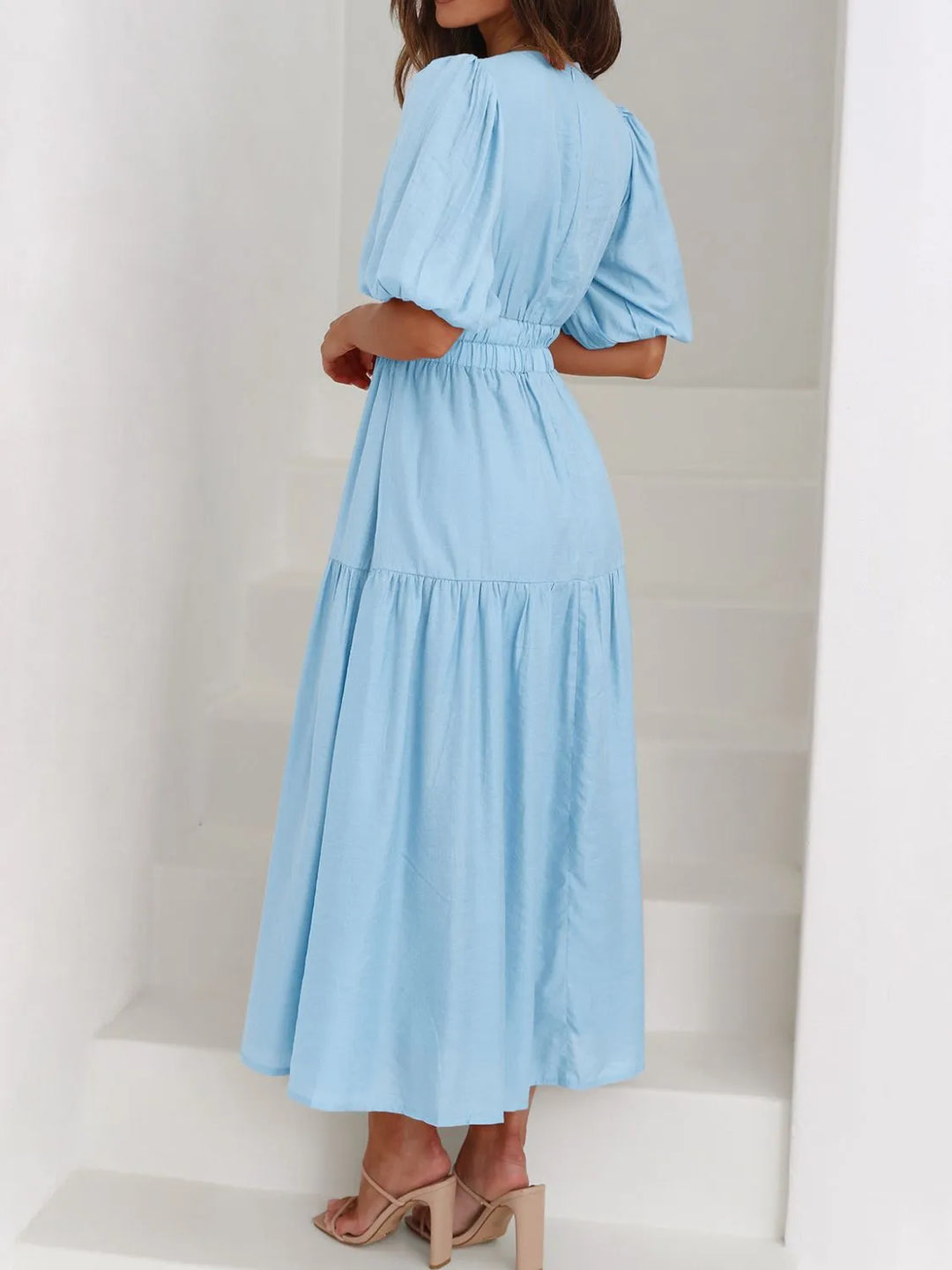 Ruched waist puff sleeve v-neck tiered midi dress
