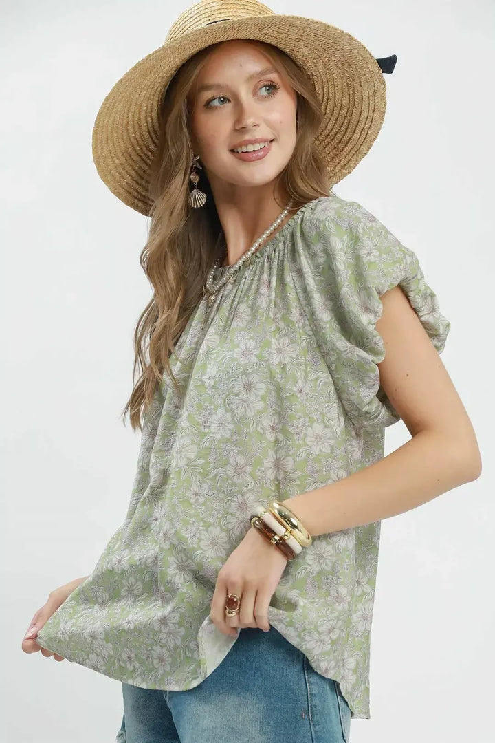 Floral puff sleeve blouse with gathered neckline