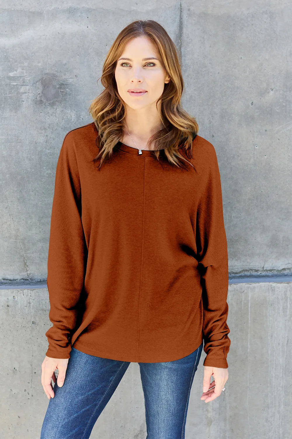 Relaxed drop-shoulder round neck long sleeve top