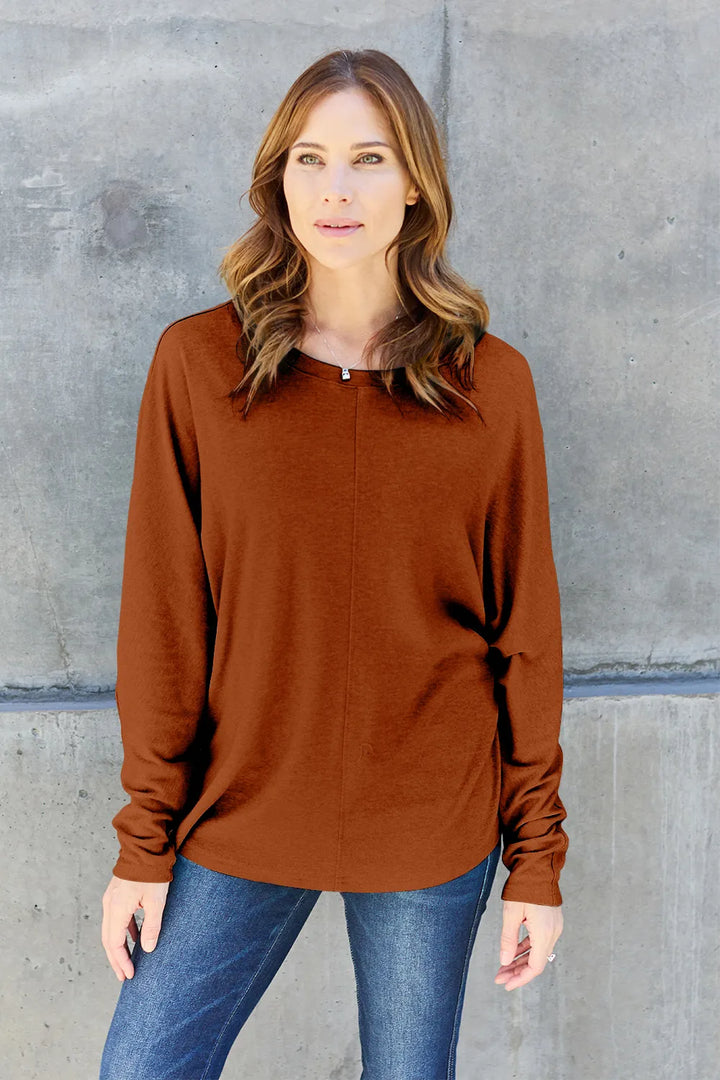 Relaxed drop-shoulder round neck long sleeve top