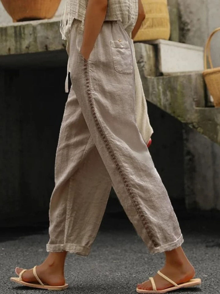 Khaki Hollow-out trim cropped pants with drawstring waist