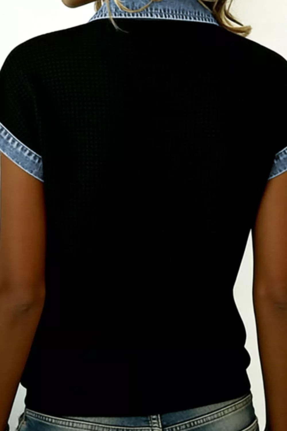 Denim-trim colorblock short-sleeve button-down shirt