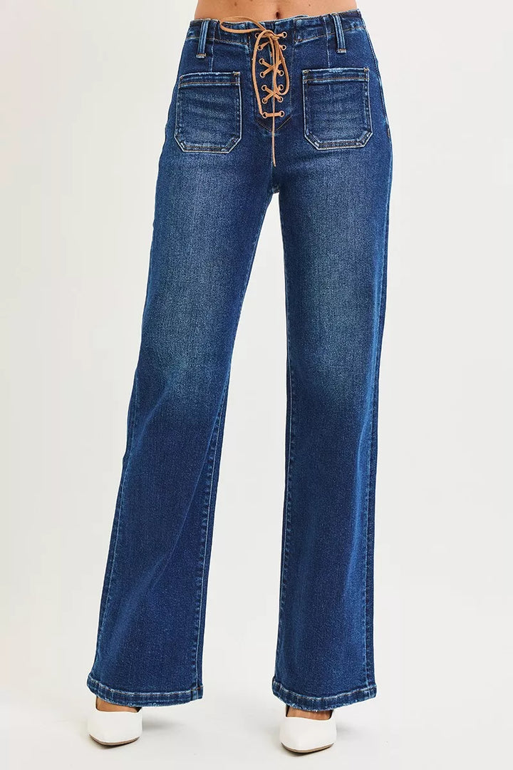 DARK Lace-up front high rise wide leg jeans with patch pockets