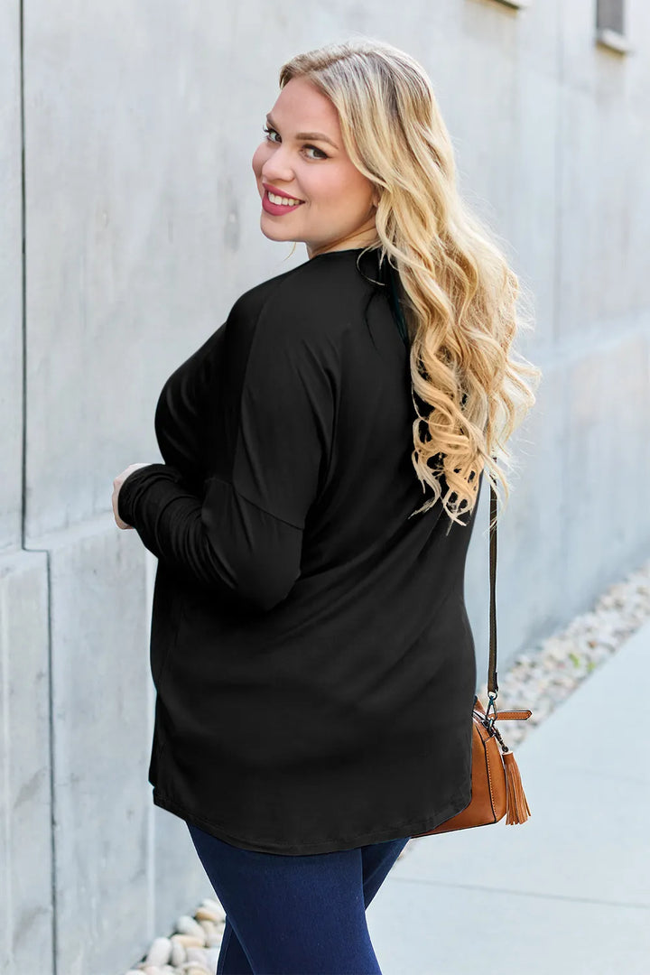 Dropped-shoulder round neck long sleeve knit top