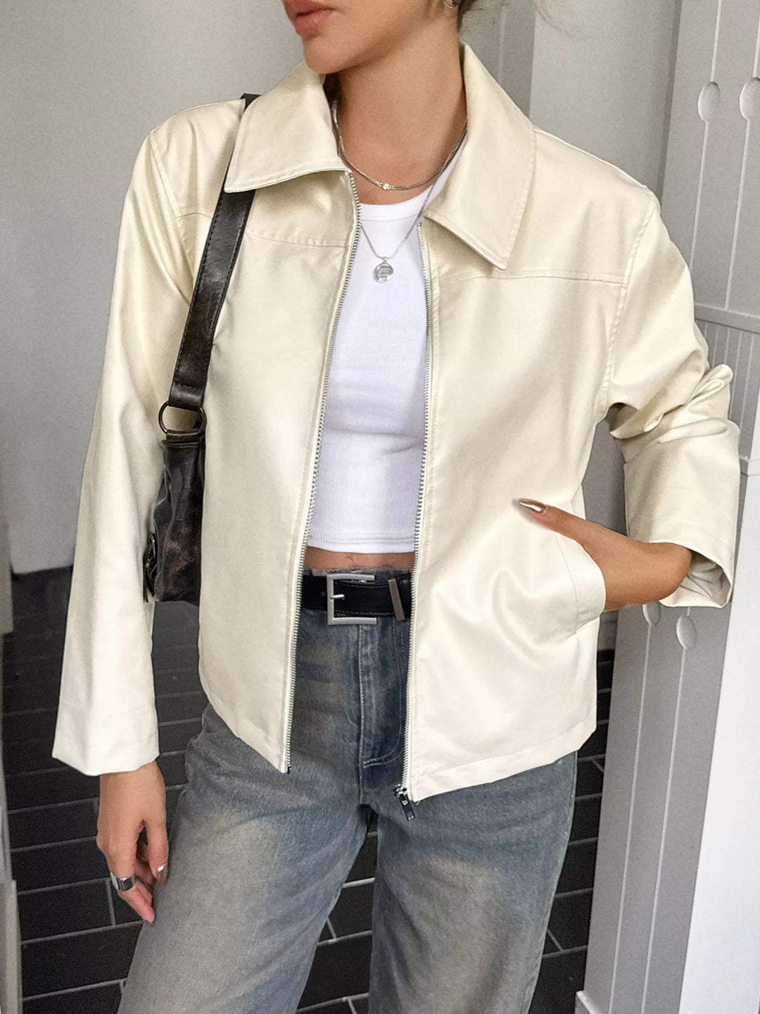 Ivory Collared faux leather zip-up jacket with patch pockets