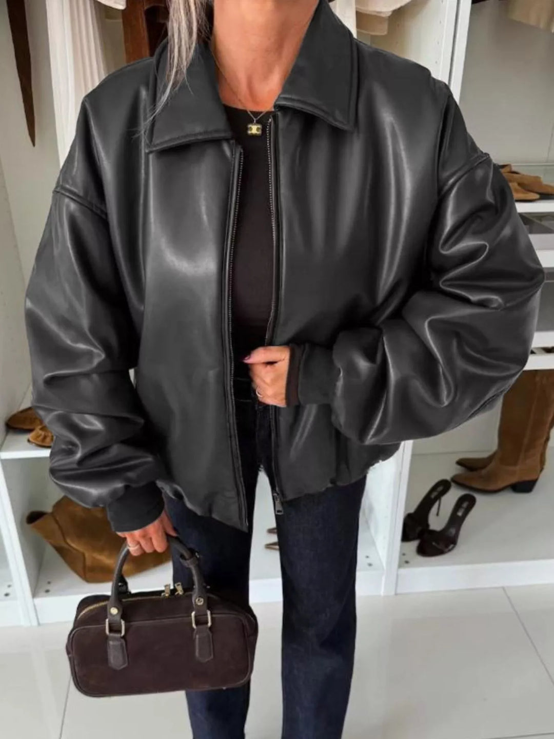 Black Oversized faux leather zip-up jacket with dropped shoulders