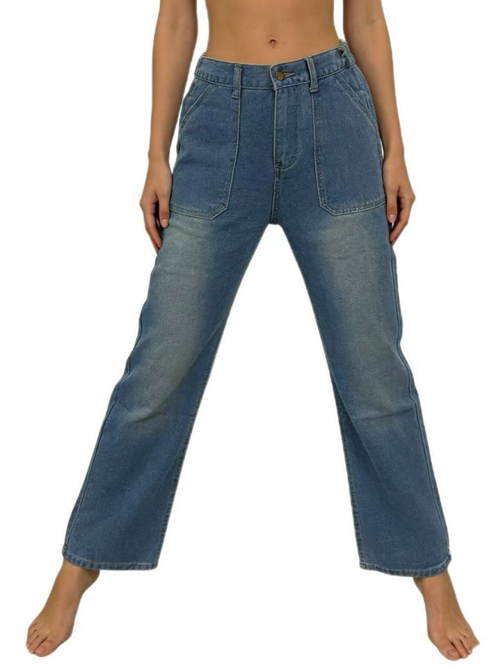 Sky Blue Wide leg jeans with contrast topstitching and patch pockets