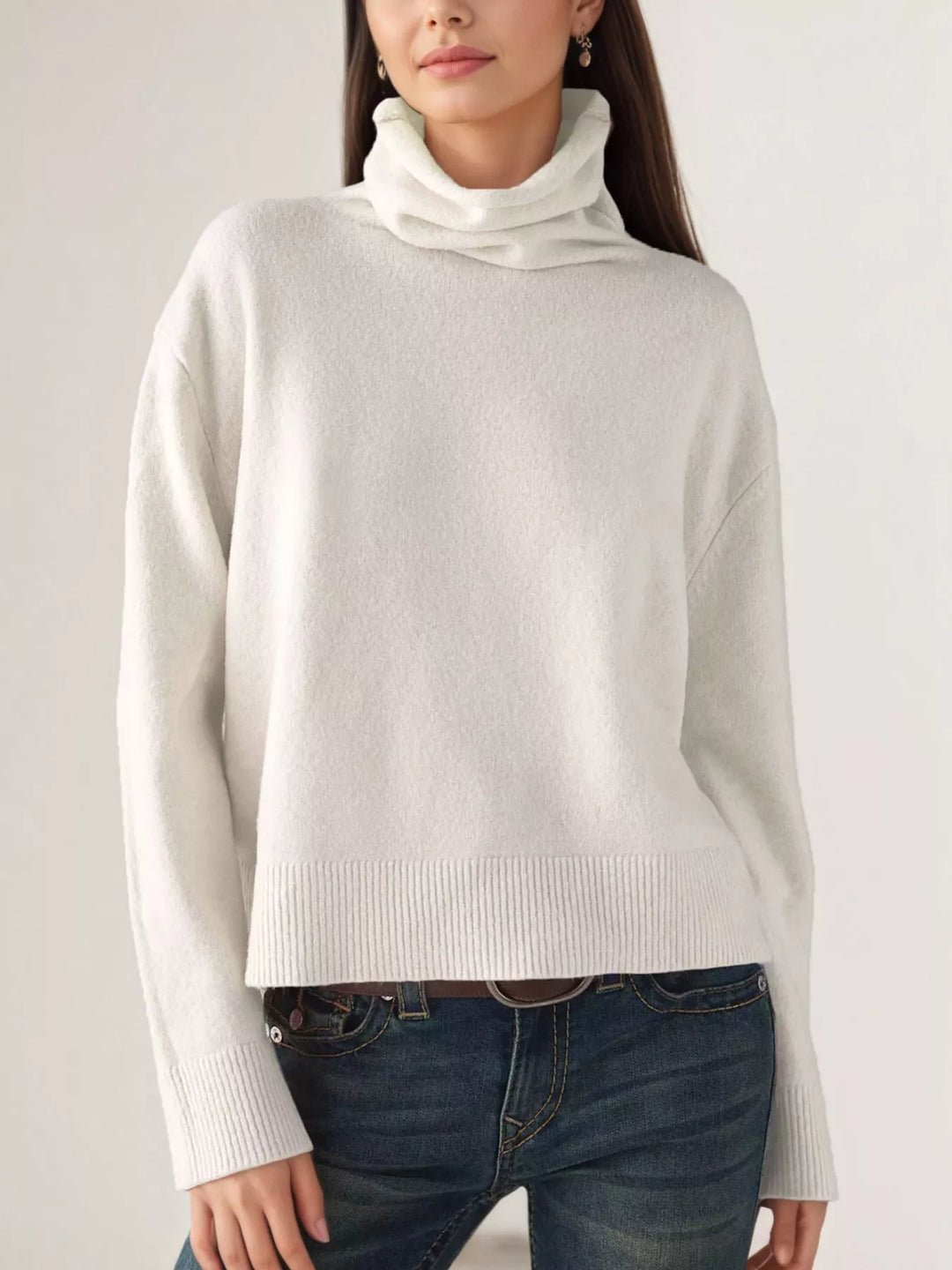 White Turtleneck drop shoulder sweater with ribbed hem