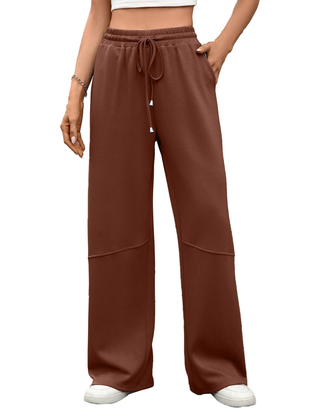 Orange Red Drawstring high-rise wide leg pants with side pockets