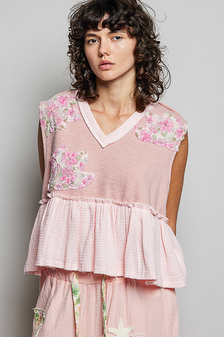 Floral patch V-neck sleeveless top with ruffle hem and raw-edge detail