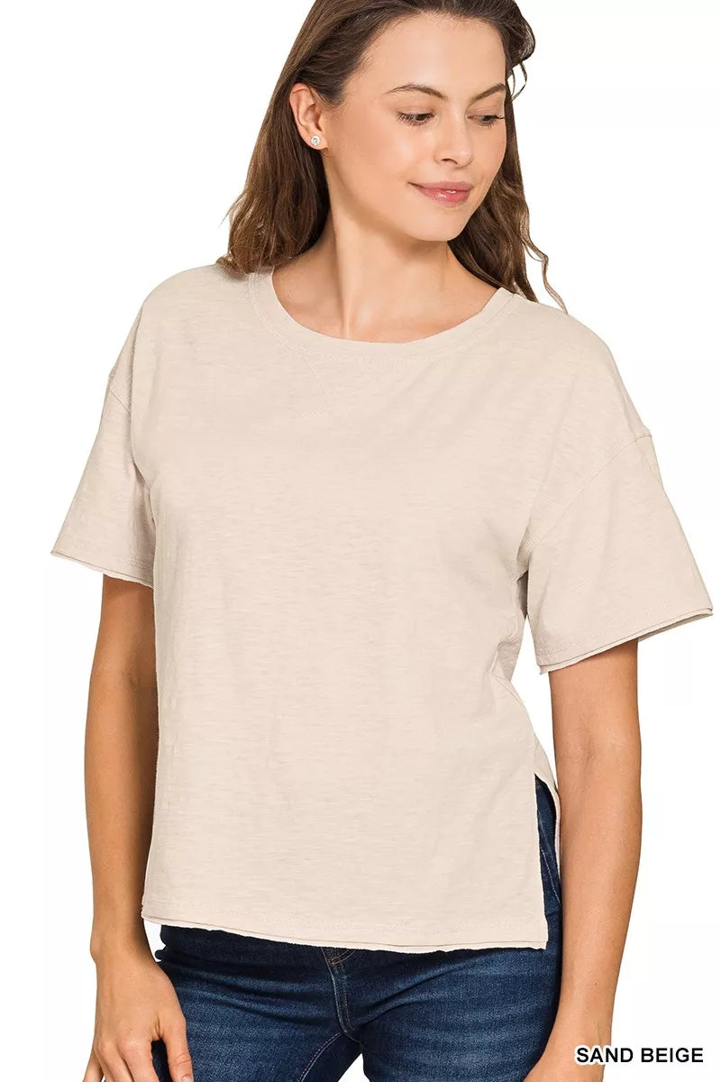 Slub knit short sleeve crew neck tee with raw hem