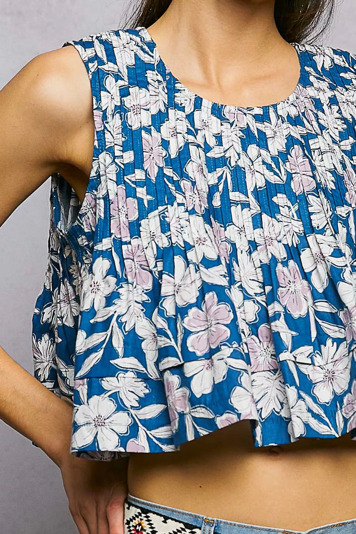 Floral pintuck crop tank with back zipper
