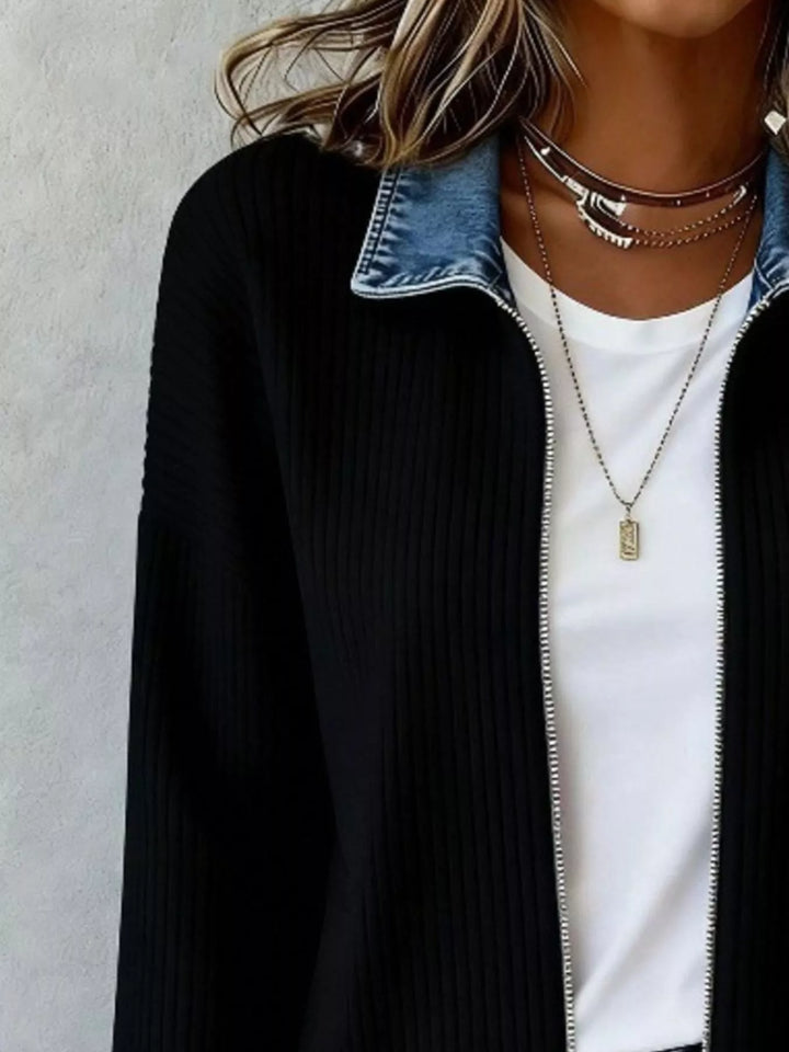 Ribbed knit zip-up jacket with denim collar and cuffs